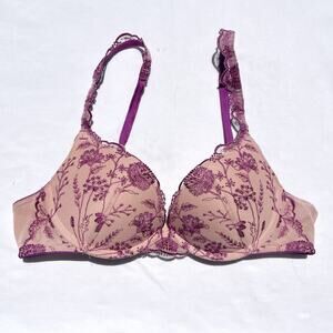 Soma Wildflower Push Up Bra 34A Beige Purple Embroidered Underwire